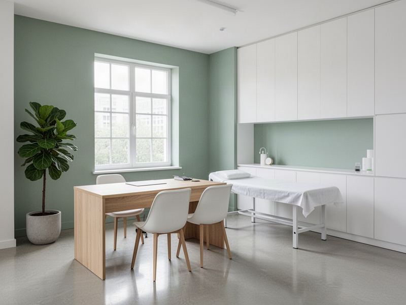 Consultório com mesa de madeira, cadeiras brancas, maca e parede verde-sálvia