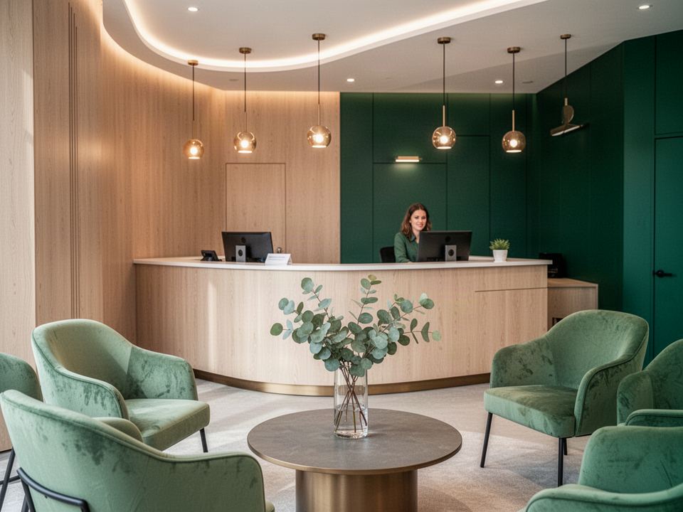 Recepção com balcão de madeira clara, secretária e poltronas verdes na sala de espera