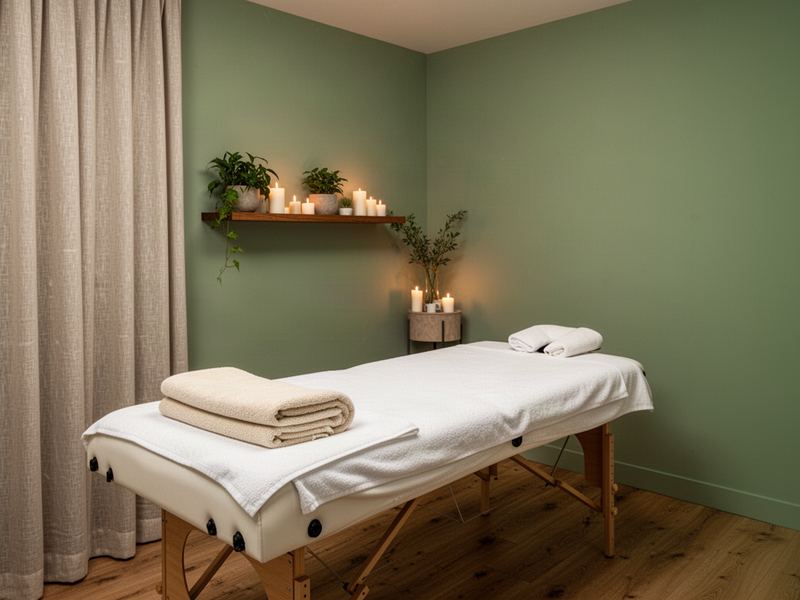 Sala de terapias com maca, toalhas, prateleira com velas e plantas